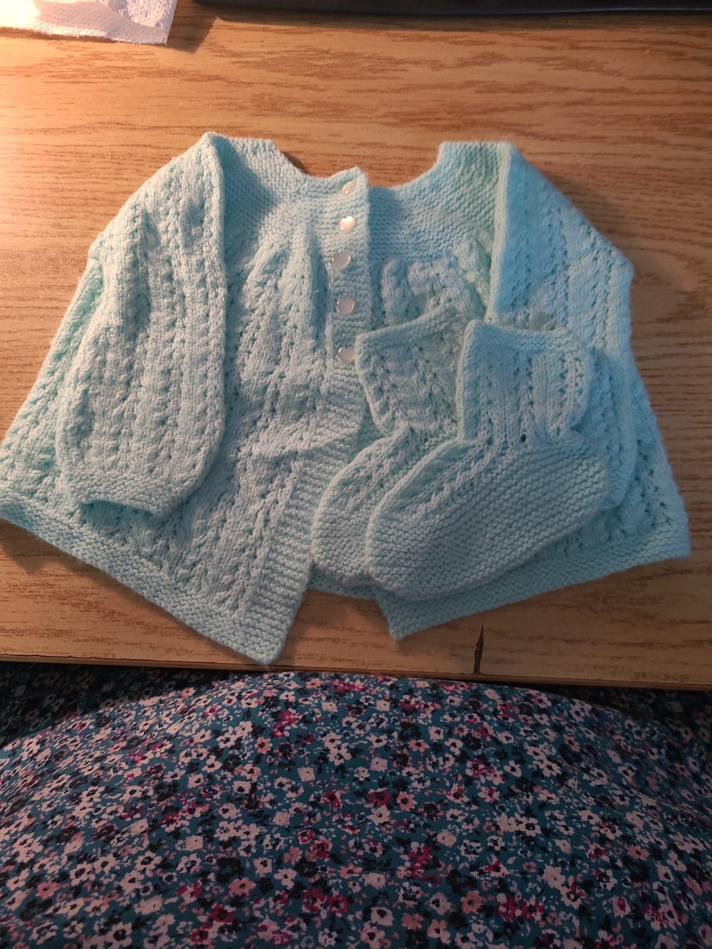 Hand-Knit Baby Sweater and Booties - Light Mint Green